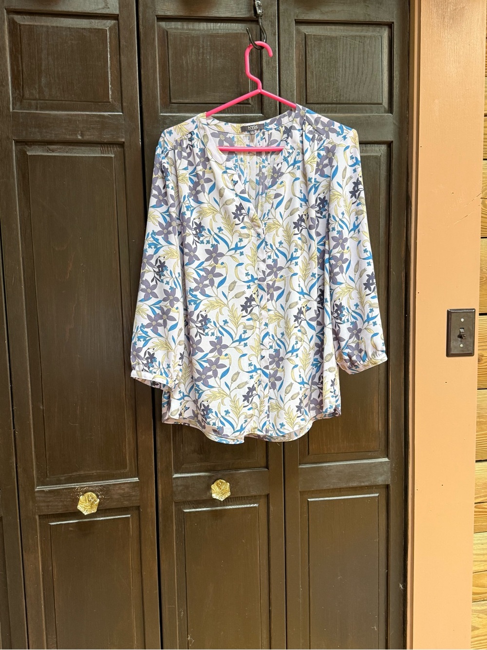NYDJ White Floral Split-Neck Blouse with Blue and Green Print